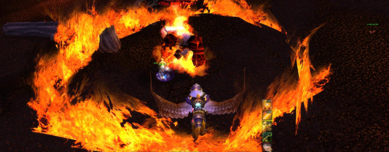 A gryphon rider flies above a circle of fire.
