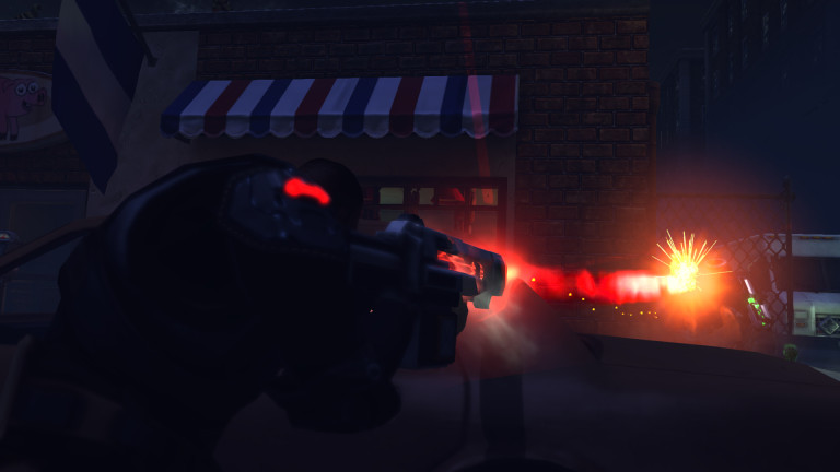 An XCOM soldier fires a laser rifle.